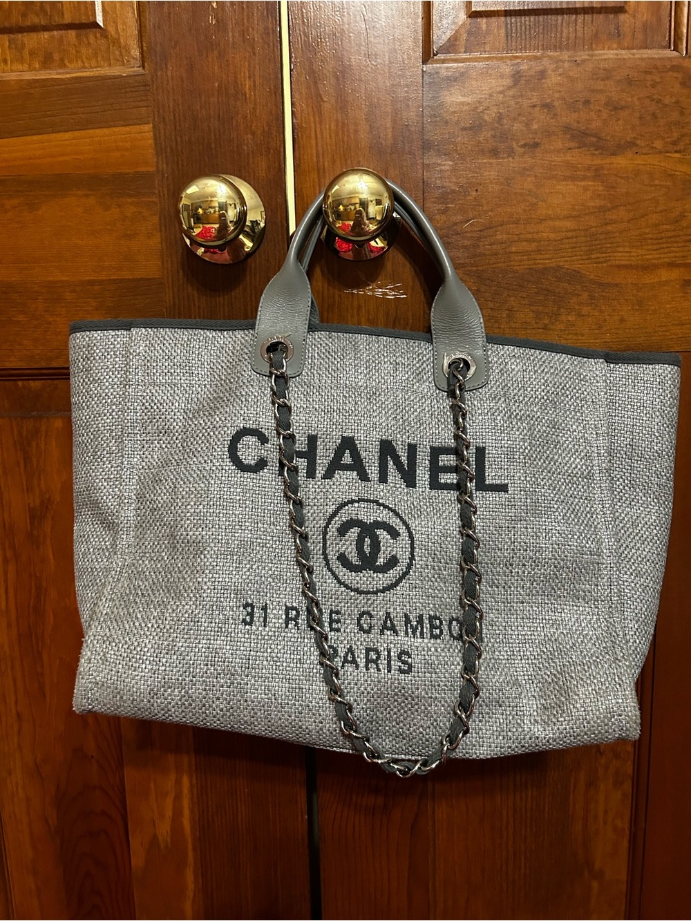 CHANEL Gray Canvas Deauville Tote with Chain Handles